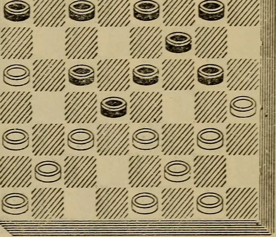 An illustration from Draughts : Gould's problems, critical positions and games by all the greatest players and composers of the world, the whole interspersed with notes on the positions / by Joseph Gould, 1895, leaf 96