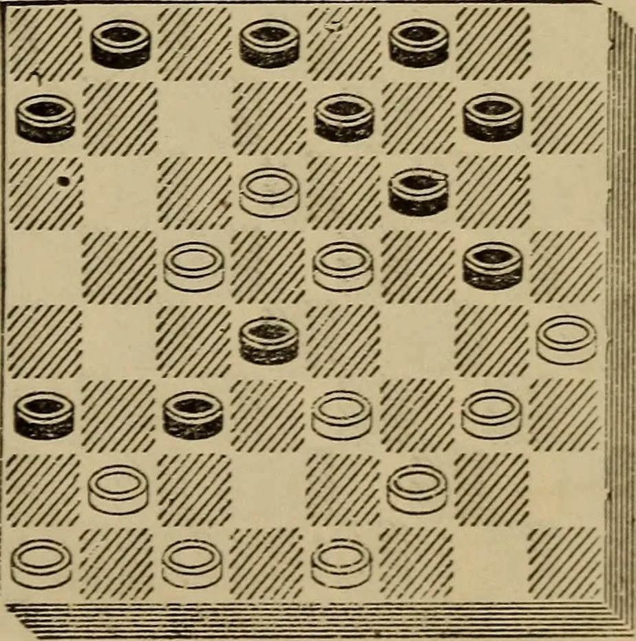 An illustration from Draughts : Gould's problems, critical positions and games by all the greatest players and composers of the world, the whole interspersed with notes on the positions / by Joseph Gould, 1895, leaf 96