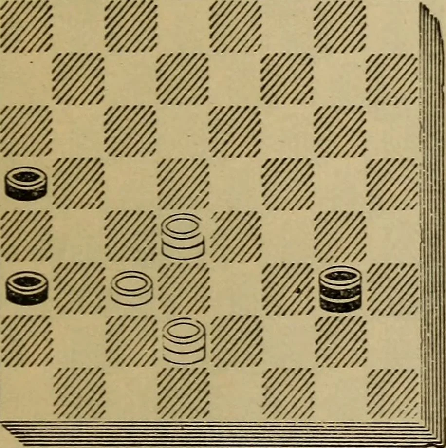 An illustration from Draughts : Gould's problems, critical positions and games by all the greatest players and composers of the world, the whole interspersed with notes on the positions / by Joseph Gould, 1895, leaf 98
