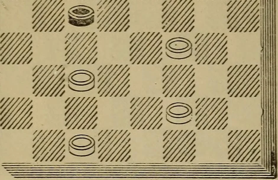 An illustration from Draughts : Gould's problems, critical positions and games by all the greatest players and composers of the world, the whole interspersed with notes on the positions / by Joseph Gould, 1895, leaf 99