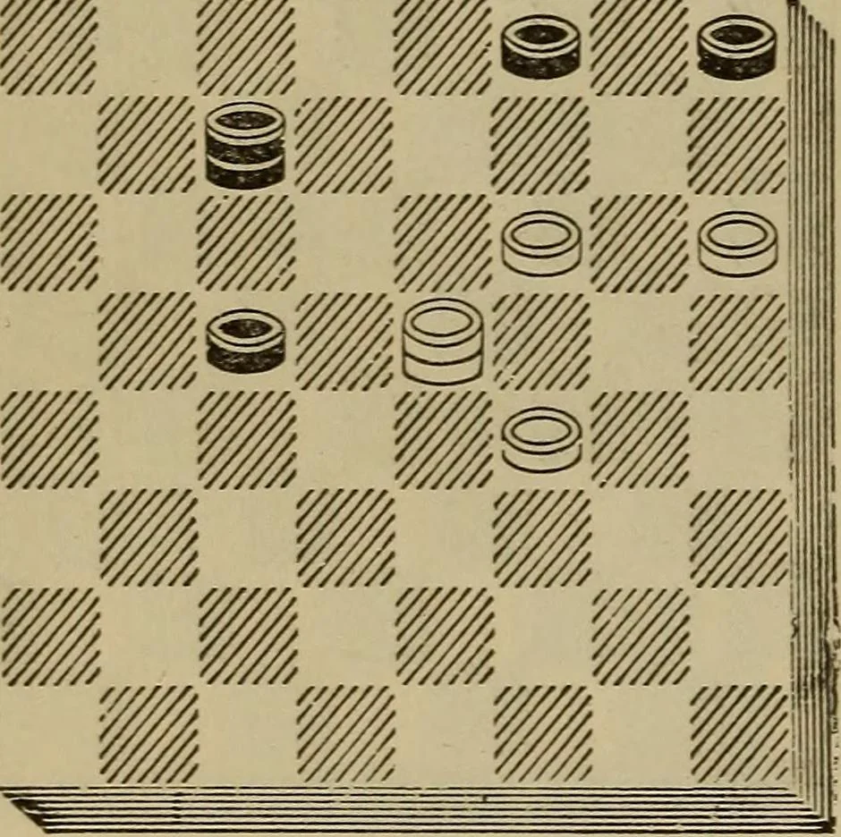 An illustration from Draughts : Gould's problems, critical positions and games by all the greatest players and composers of the world, the whole interspersed with notes on the positions / by Joseph Gould, 1895, leaf 99