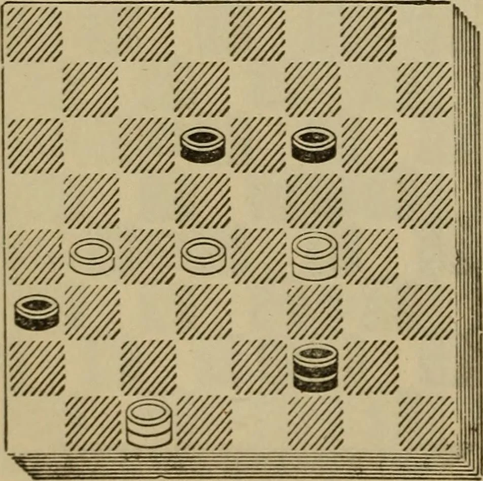 An illustration from Draughts : Gould's problems, critical positions and games by all the greatest players and composers of the world, the whole interspersed with notes on the positions / by Joseph Gould, 1895, leaf 99