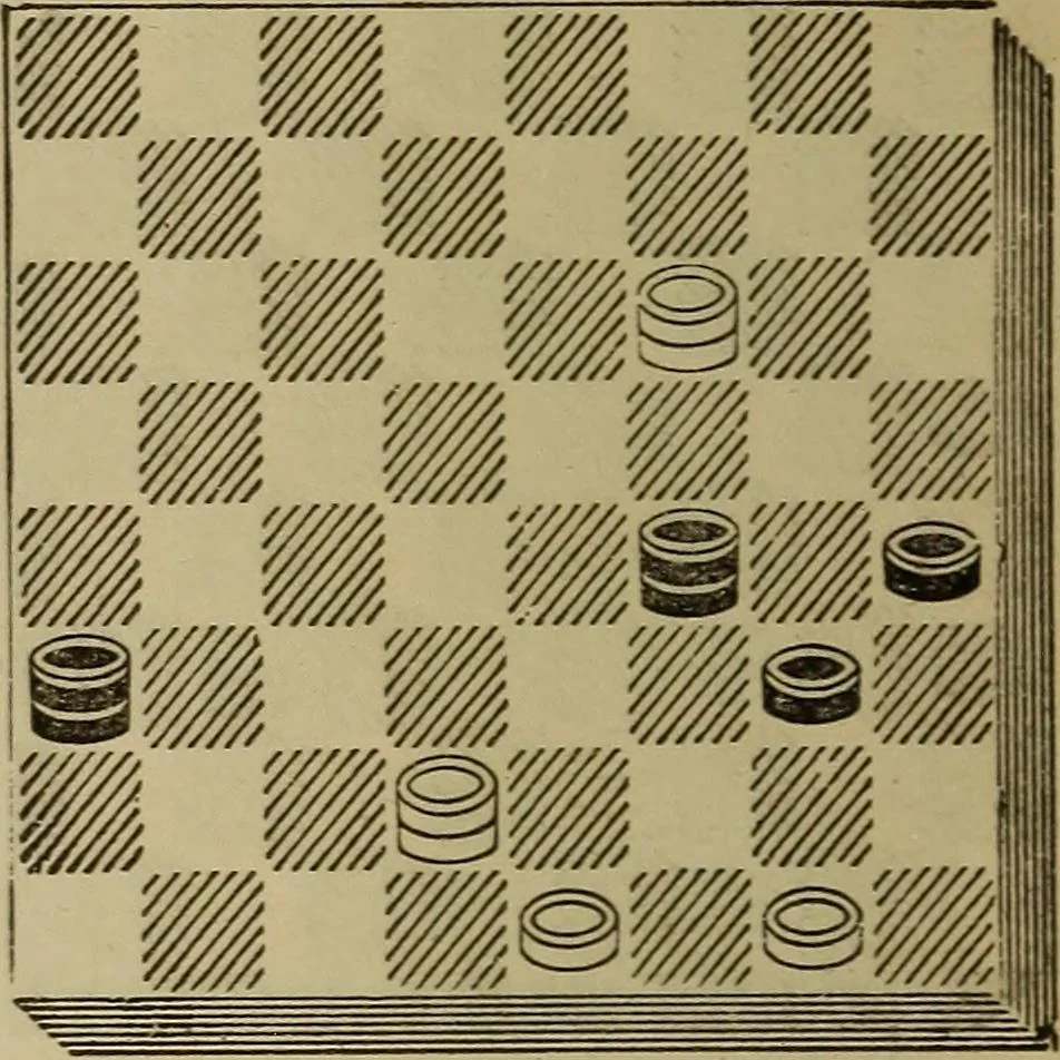 An illustration from Draughts : Gould's problems, critical positions and games by all the greatest players and composers of the world, the whole interspersed with notes on the positions / by Joseph Gould, 1895, leaf 99