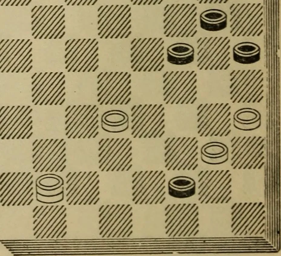 An illustration from Draughts : Gould's problems, critical positions and games by all the greatest players and composers of the world, the whole interspersed with notes on the positions / by Joseph Gould, 1895, leaf 99
