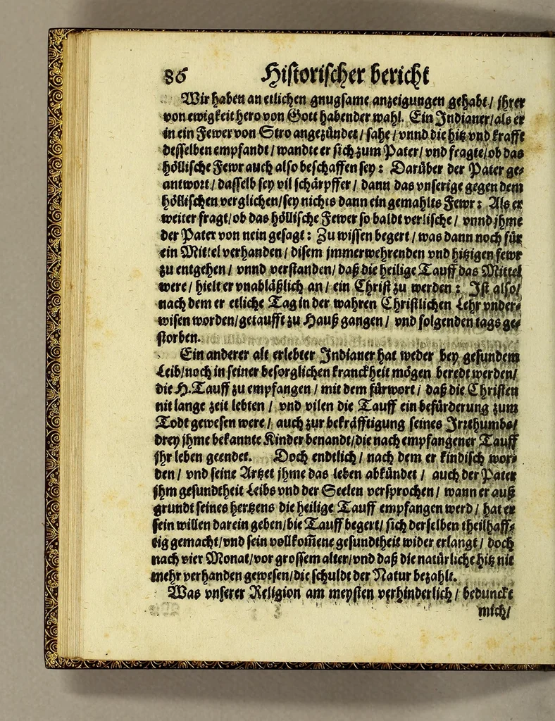An illustration from Drey newe relationes. Erste, auss Japoñ, was sich darinn, so wol in geist-als weltlichen sachen im jahr Christi 1606. denkwürdigs zugetragen. Andere, von missionibus oder reisen, so etliche priester der Societet Jesu, im jar 1607. in das königreich Mexico angestelt. Dritte, von ableiben dess mächtigen königs Mogor, vnd wie nach selbigem in seinem reich das religion vnd politisch wesen beschaffen, 1611, leaf 100