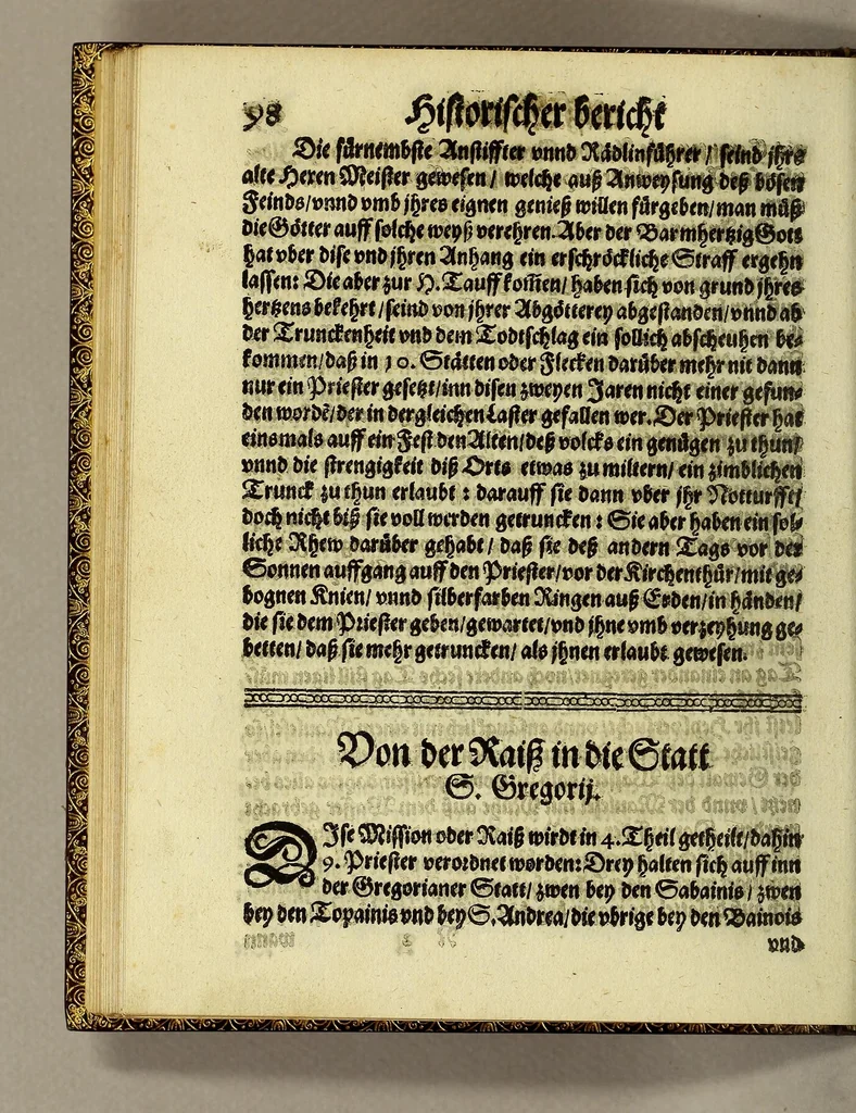 An illustration from Drey newe relationes. Erste, auss Japoñ, was sich darinn, so wol in geist-als weltlichen sachen im jahr Christi 1606. denkwürdigs zugetragen. Andere, von missionibus oder reisen, so etliche priester der Societet Jesu, im jar 1607. in das königreich Mexico angestelt. Dritte, von ableiben dess mächtigen königs Mogor, vnd wie nach selbigem in seinem reich das religion vnd politisch wesen beschaffen, 1611, leaf 112