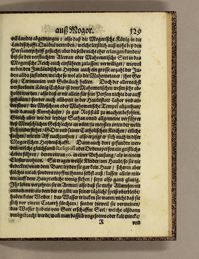 An illustration from Drey newe relationes. Erste, auss Japoñ, was sich darinn, so wol in geist-als weltlichen sachen im jahr Christi 1606. denkwürdigs zugetragen. Andere, von missionibus oder reisen, so etliche priester der Societet Jesu, im jar 1607. in das königreich Mexico angestelt. Dritte, von ableiben dess mächtigen königs Mogor, vnd wie nach selbigem in seinem reich das religion vnd politisch wesen beschaffen, 1611, leaf 143