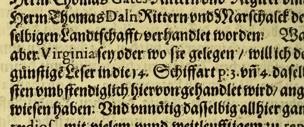 An illustration from Dreyzehende Schiffahrt darinnen ein Warhafftiger vnd Gründtlicher Bericht, von dem jtzigen Zustandt der Landtschafft Virginien; : auch wie nunmehr der Friede mit den Indianern beschlossen: vnd wie etliche Städte vnd Vestunge alda zum Schutz des Landtes von den Engelischen auffgebawet worden. Sampt einer Relation, wie König Powhatans in Virginien Tochter, Pocahuntas genant, Christlichen getaufft vn[d] mit einem Engelischen verheurahtet worden, sehr anmu[n]tig zu lesen, &c., 1617, leaf 10