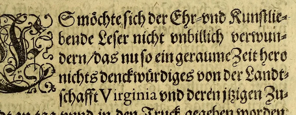 An illustration from Dreyzehente Schiffahrt darinnen ein Warhafftiger vnd Gründtlicher Bericht, von dem jtzigen Zustandt der Landtschafft Virginien; : auch wie nunmehr der Friede mit den Indianern beschlossen: vnd wie etliche Stätte vnd Vestunge alda zum Schutz des Landts von den Engelischen auffgebawet worden. Sampt einer Relation, wie König Powhatans in Virginien Tochter, Pocahuntas genant, Christlichen getaufft vnd mit einem Engelischen verheurahtet worden, sehr anmütig zu lesen, &c., 1617, leaf 11