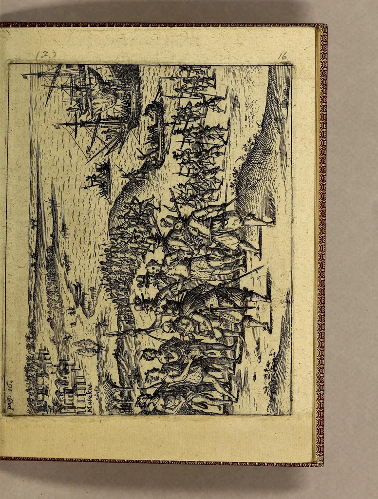 An illustration from Dreyzehente Schiffahrt darinnen ein Warhafftiger vnd Gründtlicher Bericht, von dem jtzigen Zustandt der Landtschafft Virginien; : auch wie nunmehr der Friede mit den Indianern beschlossen: vnd wie etliche Stätte vnd Vestunge alda zum Schutz des Landts von den Engelischen auffgebawet worden. Sampt einer Relation, wie König Powhatans in Virginien Tochter, Pocahuntas genant, Christlichen getaufft vnd mit einem Engelischen verheurahtet worden, sehr anmütig zu lesen, &c., 1617, leaf 27