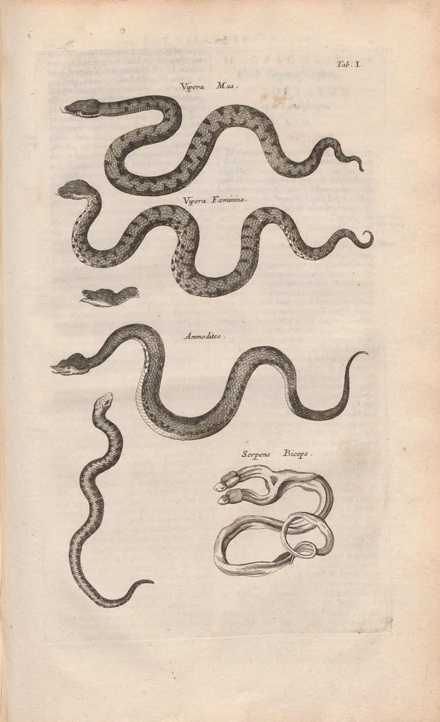 An illustration from Dr I. Ionstons beschrijving van de natuur der gekerfde of kronkel-dieren, slangen en draken. Neffens haer beeldenissen in oper gesneden., 1660, leaf 225