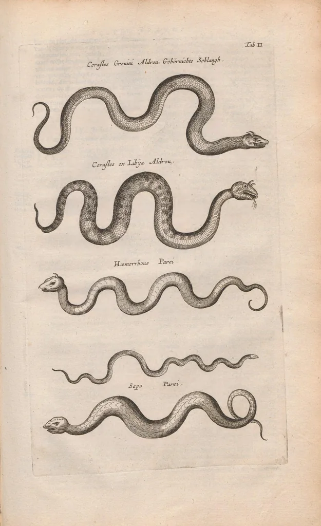 An illustration from Dr I. Ionstons beschrijving van de natuur der gekerfde of kronkel-dieren, slangen en draken. Neffens haer beeldenissen in oper gesneden., 1660, leaf 233