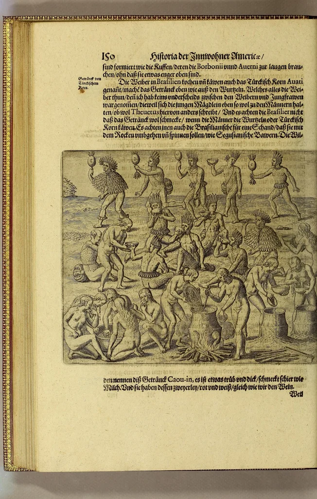 An illustration from Dritte Buch Americae, darinn Brasilia : durch Johann Staden von Homberg auss Hessen, auss eigener erfahrung in Teutsch beschrieben. Item Historia der Schiffart Ioannis Lerij in Brasilien, welche er selbst publiciert hat, jetzt von newem verteutscht, durch Teucrium Annaeum Priuatum, C. Vom Wildern vnerhörtem wesen der Innwoner, von allerley frembden Gethieren vnd Gewächsen, sampt einem Colloquio, in der Wilden Sprach., 1606, leaf 216