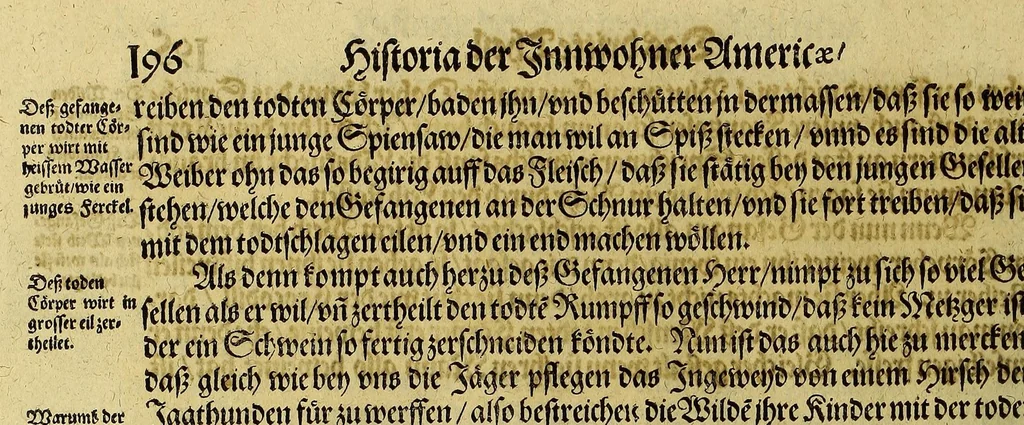 An illustration from Dritte Buch Americae, darinn Brasilia : durch Johann Staden von Homberg auss Hessen, auss eigener erfahrung in Teutsch beschrieben. Item Historia der Schiffart Ioannis Lerij in Brasilien, welche er selbst publiciert hat, jetzt von newem verteutscht, durch Teucrium Annaeum Priuatum, C. Vom Wildern vnerhörtem wesen der Innwoner, von allerley frembden Gethieren vnd Gewächsen, sampt einem Colloquio, in der Wilden Sprach., 1606, leaf 262