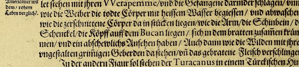 An illustration from Dritte Buch Americae, darinn Brasilia : durch Johann Staden von Homberg auss Hessen, auss eigener erfahrung in Teutsch beschrieben. Item Historia der Schiffart Ioannis Lerij in Brasilien, welche er selbst publiciert hat, jetzt von newem verteutscht, durch Teucrium Annaeum Priuatum, C. Vom Wildern vnerhörtem wesen der Innwoner, von allerley frembden Gethieren vnd Gewächsen, sampt einem Colloquio, in der Wilden Sprach., 1606, leaf 274