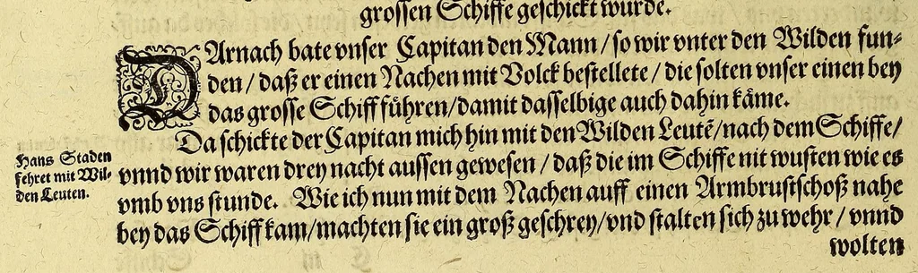 An illustration from Dritte Buch Americae, darinn Brasilia : durch Johann Staden von Homberg auss Hessen, auss eigener erfahrung in Teutsch beschrieben. Item Historia der Schiffart Ioannis Lerij in Brasilien, welche er selbst publiciert hat, jetzt von newem verteutscht, durch Teucrium Annaeum Priuatum, C. Vom Wildern vnerhörtem wesen der Innwoner, von allerley frembden Gethieren vnd Gewächsen, sampt einem Colloquio, in der Wilden Sprach., 1606, leaf 42