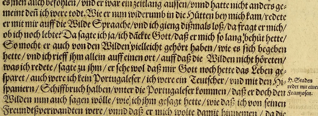 An illustration from Dritte Buch Americae, darinn Brasilia : durch Johann Staden von Homberg auss Hessen, auss eigener erfahrung in Teutsch beschrieben. Item Historia der Schiffart Ioannis Lerij in Brasilien, welche er selbst publiciert hat, jetzt von newem verteutscht, durch Teucrium Annaeum Priuatum, C. Vom Wildern vnerhörtem wesen der Innwoner, von allerley frembden Gethieren vnd Gewächsen, sampt einem Colloquio, in der Wilden Sprach., 1606, leaf 69