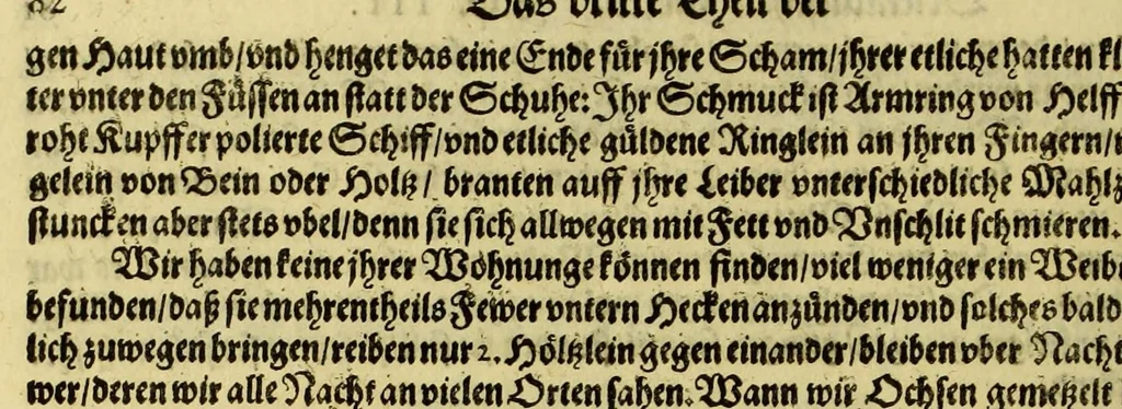 An illustration from Dritter Theil Indiae Orientalis, darinnen erstlich das ander Theil der Schifffahrten Johann Huygens von Lintschotten auss Holland, so er in Orient gethan, begriffen, vnd fürnemlich alle Gelegenheit derselbigen Landen, Insulen, Meerpforten, &c. so vnterwegen auffstossen, vnd dann in India fürkommen, wie auch alles, was der Author allda im Land, vnd nachmals auff seiner Widerreyse nach Holland gesehen vnd erfahren, eygendlich beschrieben wirt. : II. Der Holländer Schifffahrt in die Orientalische Insulen, Javan vnd Sumatra, sampt Sitten, Leben vnd Superstition, &c. der Völcker. III. Drey Schifffahrten der Holländer nach obermelten Indien, durch das Mittnächtige oder Eiss Meer, darinnen viel vnerhörte Abenthewr. Alles auffs trewlichst von neuwem auss den Niderländischen Exemplarien in Hochteutsch bracht, vnd in guter Disposition zusammen gefügt., 1616, leaf 114