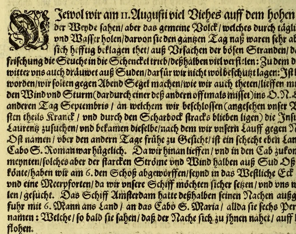 An illustration from Dritter Theil Indiae Orientalis, darinnen erstlich das ander Theil der Schifffahrten Johann Huygens von Lintschotten auss Holland, so er in Orient gethan, begriffen, vnd fürnemlich alle Gelegenheit derselbigen Landen, Insulen, Meerpforten, &c. so vnterwegen auffstossen, vnd dann in India fürkommen, wie auch alles, was der Author allda im Land, vnd nachmals auff seiner Widerreyse nach Holland gesehen vnd erfahren, eygendlich beschrieben wirt. : II. Der Holländer Schifffahrt in die Orientalische Insulen, Javan vnd Sumatra, sampt Sitten, Leben vnd Superstition, &c. der Völcker. III. Drey Schifffahrten der Holländer nach obermelten Indien, durch das Mittnächtige oder Eiss Meer, darinnen viel vnerhörte Abenthewr. Alles auffs trewlichst von neuwem auss den Niderländischen Exemplarien in Hochteutsch bracht, vnd in guter Disposition zusammen gefügt., 1616, leaf 114