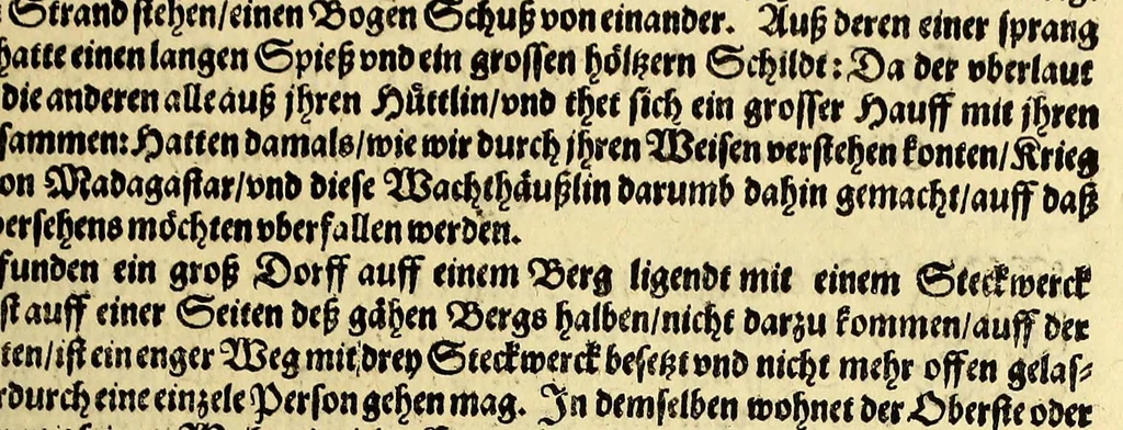An illustration from Dritter Theil Indiae Orientalis, darinnen erstlich das ander Theil der Schifffahrten Johann Huygens von Lintschotten auss Holland, so er in Orient gethan, begriffen, vnd fürnemlich alle Gelegenheit derselbigen Landen, Insulen, Meerpforten, &c. so vnterwegen auffstossen, vnd dann in India fürkommen, wie auch alles, was der Author allda im Land, vnd nachmals auff seiner Widerreyse nach Holland gesehen vnd erfahren, eygendlich beschrieben wirt. : II. Der Holländer Schifffahrt in die Orientalische Insulen, Javan vnd Sumatra, sampt Sitten, Leben vnd Superstition, &c. der Völcker. III. Drey Schifffahrten der Holländer nach obermelten Indien, durch das Mittnächtige oder Eiss Meer, darinnen viel vnerhörte Abenthewr. Alles auffs trewlichst von neuwem auss den Niderländischen Exemplarien in Hochteutsch bracht, vnd in guter Disposition zusammen gefügt., 1616, leaf 129