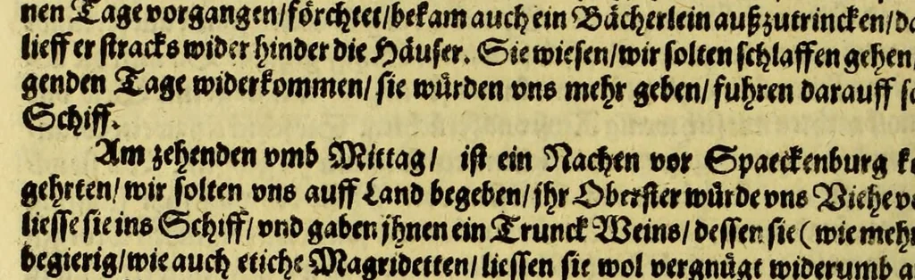 An illustration from Dritter Theil Indiae Orientalis, darinnen erstlich das ander Theil der Schifffahrten Johann Huygens von Lintschotten auss Holland, so er in Orient gethan, begriffen, vnd fürnemlich alle Gelegenheit derselbigen Landen, Insulen, Meerpforten, &c. so vnterwegen auffstossen, vnd dann in India fürkommen, wie auch alles, was der Author allda im Land, vnd nachmals auff seiner Widerreyse nach Holland gesehen vnd erfahren, eygendlich beschrieben wirt. : II. Der Holländer Schifffahrt in die Orientalische Insulen, Javan vnd Sumatra, sampt Sitten, Leben vnd Superstition, &c. der Völcker. III. Drey Schifffahrten der Holländer nach obermelten Indien, durch das Mittnächtige oder Eiss Meer, darinnen viel vnerhörte Abenthewr. Alles auffs trewlichst von neuwem auss den Niderländischen Exemplarien in Hochteutsch bracht, vnd in guter Disposition zusammen gefügt., 1616, leaf 134