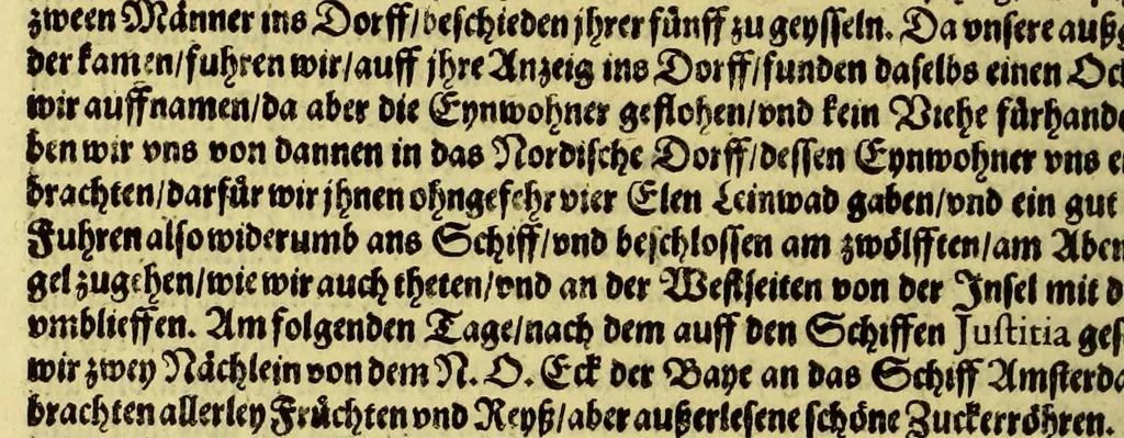 An illustration from Dritter Theil Indiae Orientalis, darinnen erstlich das ander Theil der Schifffahrten Johann Huygens von Lintschotten auss Holland, so er in Orient gethan, begriffen, vnd fürnemlich alle Gelegenheit derselbigen Landen, Insulen, Meerpforten, &c. so vnterwegen auffstossen, vnd dann in India fürkommen, wie auch alles, was der Author allda im Land, vnd nachmals auff seiner Widerreyse nach Holland gesehen vnd erfahren, eygendlich beschrieben wirt. : II. Der Holländer Schifffahrt in die Orientalische Insulen, Javan vnd Sumatra, sampt Sitten, Leben vnd Superstition, &c. der Völcker. III. Drey Schifffahrten der Holländer nach obermelten Indien, durch das Mittnächtige oder Eiss Meer, darinnen viel vnerhörte Abenthewr. Alles auffs trewlichst von neuwem auss den Niderländischen Exemplarien in Hochteutsch bracht, vnd in guter Disposition zusammen gefügt., 1616, leaf 134