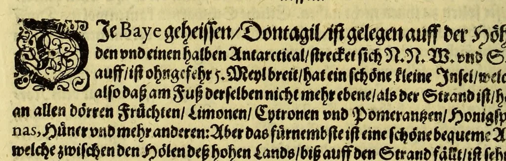 An illustration from Dritter Theil Indiae Orientalis, darinnen erstlich das ander Theil der Schifffahrten Johann Huygens von Lintschotten auss Holland, so er in Orient gethan, begriffen, vnd fürnemlich alle Gelegenheit derselbigen Landen, Insulen, Meerpforten, &c. so vnterwegen auffstossen, vnd dann in India fürkommen, wie auch alles, was der Author allda im Land, vnd nachmals auff seiner Widerreyse nach Holland gesehen vnd erfahren, eygendlich beschrieben wirt. : II. Der Holländer Schifffahrt in die Orientalische Insulen, Javan vnd Sumatra, sampt Sitten, Leben vnd Superstition, &c. der Völcker. III. Drey Schifffahrten der Holländer nach obermelten Indien, durch das Mittnächtige oder Eiss Meer, darinnen viel vnerhörte Abenthewr. Alles auffs trewlichst von neuwem auss den Niderländischen Exemplarien in Hochteutsch bracht, vnd in guter Disposition zusammen gefügt., 1616, leaf 134
