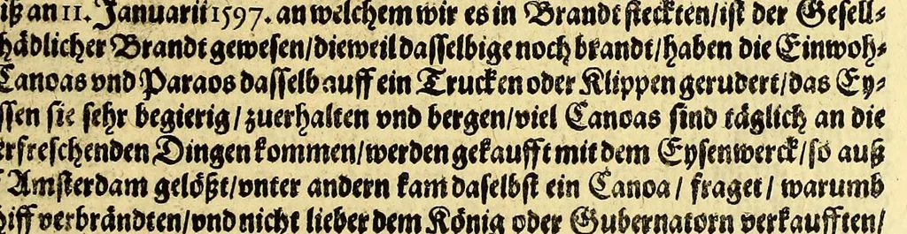 An illustration from Dritter Theil Indiae Orientalis, darinnen erstlich das ander Theil der Schifffahrten Johann Huygens von Lintschotten auss Holland, so er in Orient gethan, begriffen, vnd fürnemlich alle Gelegenheit derselbigen Landen, Insulen, Meerpforten, &c. so vnterwegen auffstossen, vnd dann in India fürkommen, wie auch alles, was der Author allda im Land, vnd nachmals auff seiner Widerreyse nach Holland gesehen vnd erfahren, eygendlich beschrieben wirt. : II. Der Holländer Schifffahrt in die Orientalische Insulen, Javan vnd Sumatra, sampt Sitten, Leben vnd Superstition, &c. der Völcker. III. Drey Schifffahrten der Holländer nach obermelten Indien, durch das Mittnächtige oder Eiss Meer, darinnen viel vnerhörte Abenthewr. Alles auffs trewlichst von neuwem auss den Niderländischen Exemplarien in Hochteutsch bracht, vnd in guter Disposition zusammen gefügt., 1616, leaf 177