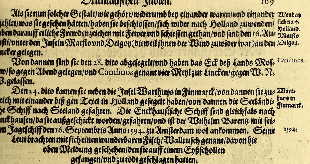 An illustration from Dritter Theil Indiae Orientalis, darinnen erstlich das ander Theil der Schifffahrten Johann Huygens von Lintschotten auss Holland, so er in Orient gethan, begriffen, vnd fürnemlich alle Gelegenheit derselbigen Landen, Insulen, Meerpforten, &c. so vnterwegen auffstossen, vnd dann in India fürkommen, wie auch alles, was der Author allda im Land, vnd nachmals auff seiner Widerreyse nach Holland gesehen vnd erfahren, eygendlich beschrieben wirt. : II. Der Holländer Schifffahrt in die Orientalische Insulen, Javan vnd Sumatra, sampt Sitten, Leben vnd Superstition, &c. der Völcker. III. Drey Schifffahrten der Holländer nach obermelten Indien, durch das Mittnächtige oder Eiss Meer, darinnen viel vnerhörte Abenthewr. Alles auffs trewlichst von neuwem auss den Niderländischen Exemplarien in Hochteutsch bracht, vnd in guter Disposition zusammen gefügt., 1616, leaf 199