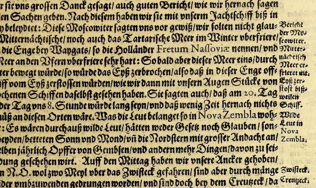 An illustration from Dritter Theil Indiae Orientalis, darinnen erstlich das ander Theil der Schifffahrten Johann Huygens von Lintschotten auss Holland, so er in Orient gethan, begriffen, vnd fürnemlich alle Gelegenheit derselbigen Landen, Insulen, Meerpforten, &c. so vnterwegen auffstossen, vnd dann in India fürkommen, wie auch alles, was der Author allda im Land, vnd nachmals auff seiner Widerreyse nach Holland gesehen vnd erfahren, eygendlich beschrieben wirt. : II. Der Holländer Schifffahrt in die Orientalische Insulen, Javan vnd Sumatra, sampt Sitten, Leben vnd Superstition, &c. der Völcker. III. Drey Schifffahrten der Holländer nach obermelten Indien, durch das Mittnächtige oder Eiss Meer, darinnen viel vnerhörte Abenthewr. Alles auffs trewlichst von neuwem auss den Niderländischen Exemplarien in Hochteutsch bracht, vnd in guter Disposition zusammen gefügt., 1616, leaf 205