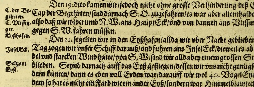 An illustration from Dritter Theil Indiae Orientalis, darinnen erstlich das ander Theil der Schifffahrten Johann Huygens von Lintschotten auss Holland, so er in Orient gethan, begriffen, vnd fürnemlich alle Gelegenheit derselbigen Landen, Insulen, Meerpforten, &c. so vnterwegen auffstossen, vnd dann in India fürkommen, wie auch alles, was der Author allda im Land, vnd nachmals auff seiner Widerreyse nach Holland gesehen vnd erfahren, eygendlich beschrieben wirt. : II. Der Holländer Schifffahrt in die Orientalische Insulen, Javan vnd Sumatra, sampt Sitten, Leben vnd Superstition, &c. der Völcker. III. Drey Schifffahrten der Holländer nach obermelten Indien, durch das Mittnächtige oder Eiss Meer, darinnen viel vnerhörte Abenthewr. Alles auffs trewlichst von neuwem auss den Niderländischen Exemplarien in Hochteutsch bracht, vnd in guter Disposition zusammen gefügt., 1616, leaf 214