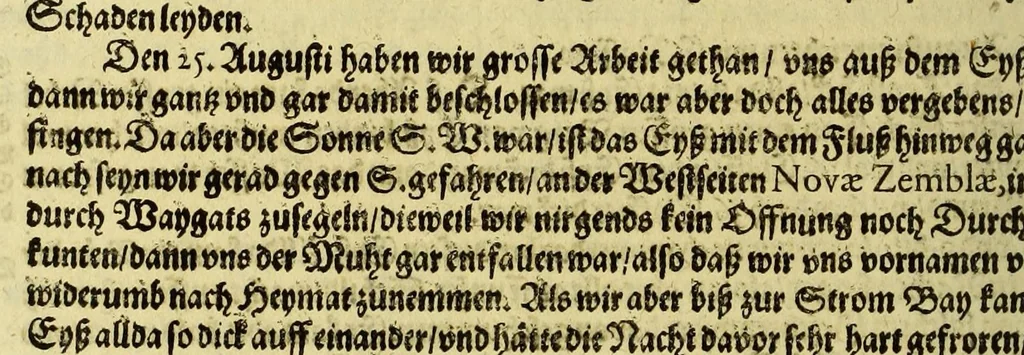 An illustration from Dritter Theil Indiae Orientalis, darinnen erstlich das ander Theil der Schifffahrten Johann Huygens von Lintschotten auss Holland, so er in Orient gethan, begriffen, vnd fürnemlich alle Gelegenheit derselbigen Landen, Insulen, Meerpforten, &c. so vnterwegen auffstossen, vnd dann in India fürkommen, wie auch alles, was der Author allda im Land, vnd nachmals auff seiner Widerreyse nach Holland gesehen vnd erfahren, eygendlich beschrieben wirt. : II. Der Holländer Schifffahrt in die Orientalische Insulen, Javan vnd Sumatra, sampt Sitten, Leben vnd Superstition, &c. der Völcker. III. Drey Schifffahrten der Holländer nach obermelten Indien, durch das Mittnächtige oder Eiss Meer, darinnen viel vnerhörte Abenthewr. Alles auffs trewlichst von neuwem auss den Niderländischen Exemplarien in Hochteutsch bracht, vnd in guter Disposition zusammen gefügt., 1616, leaf 214