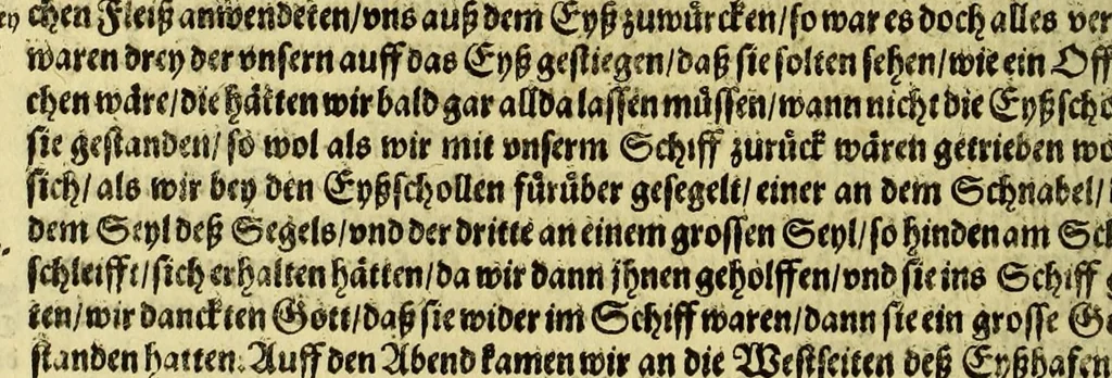 An illustration from Dritter Theil Indiae Orientalis, darinnen erstlich das ander Theil der Schifffahrten Johann Huygens von Lintschotten auss Holland, so er in Orient gethan, begriffen, vnd fürnemlich alle Gelegenheit derselbigen Landen, Insulen, Meerpforten, &c. so vnterwegen auffstossen, vnd dann in India fürkommen, wie auch alles, was der Author allda im Land, vnd nachmals auff seiner Widerreyse nach Holland gesehen vnd erfahren, eygendlich beschrieben wirt. : II. Der Holländer Schifffahrt in die Orientalische Insulen, Javan vnd Sumatra, sampt Sitten, Leben vnd Superstition, &c. der Völcker. III. Drey Schifffahrten der Holländer nach obermelten Indien, durch das Mittnächtige oder Eiss Meer, darinnen viel vnerhörte Abenthewr. Alles auffs trewlichst von neuwem auss den Niderländischen Exemplarien in Hochteutsch bracht, vnd in guter Disposition zusammen gefügt., 1616, leaf 214