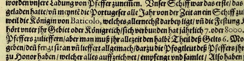 An illustration from Dritter Theil Indiae Orientalis, darinnen erstlich das ander Theil der Schifffahrten Johann Huygens von Lintschotten auss Holland, so er in Orient gethan, begriffen, vnd fürnemlich alle Gelegenheit derselbigen Landen, Insulen, Meerpforten, &c. so vnterwegen auffstossen, vnd dann in India fürkommen, wie auch alles, was der Author allda im Land, vnd nachmals auff seiner Widerreyse nach Holland gesehen vnd erfahren, eygendlich beschrieben wirt. : II. Der Holländer Schifffahrt in die Orientalische Insulen, Javan vnd Sumatra, sampt Sitten, Leben vnd Superstition, &c. der Völcker. III. Drey Schifffahrten der Holländer nach obermelten Indien, durch das Mittnächtige oder Eiss Meer, darinnen viel vnerhörte Abenthewr. Alles auffs trewlichst von neuwem auss den Niderländischen Exemplarien in Hochteutsch bracht, vnd in guter Disposition zusammen gefügt., 1616, leaf 38
