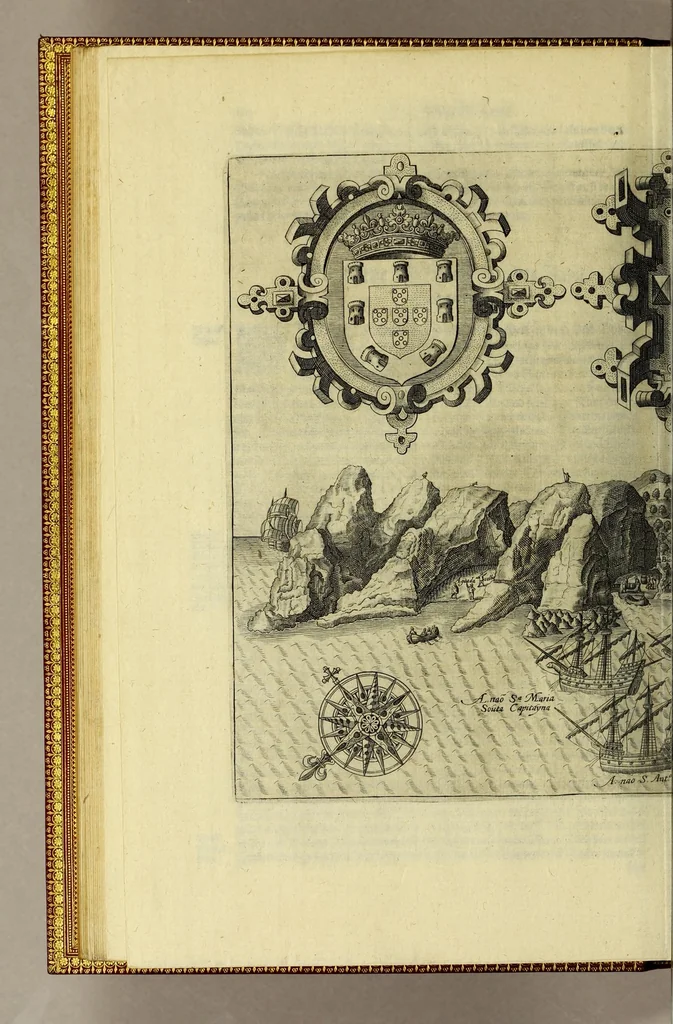 An illustration from Dritter Theil Indiae Orientalis, darinnen erstlich das ander Theil der Schifffahrten Johann Huygens von Lintschotten auss Holland, so er in Orient gethan, begriffen, vnd fürnemlich alle Gelegenheit derselbigen Landen, Insulen, Meerpforten, &c. so vnterwegen auffstossen, vnd dann in India fürkommen, wie auch alles, was der Author allda im Land, vnd nachmals auff seiner Widerreyse nach Holland gesehen vnd erfahren, eygendlich beschrieben wirt. : II. Der Holländer Schifffahrt in die Orientalische Insulen, Javan vnd Sumatra, sampt Sitten, Leben vnd Superstition, &c. der Völcker. III. Drey Schifffahrten der Holländer nach obermelten Indien, durch das Mittnächtige oder Eiss Meer, darinnen viel vnerhörte Abenthewr. Alles auffs trewlichst von neuwem auss den Niderländischen Exemplarien in Hochteutsch bracht, vnd in guter Disposition zusammen gefügt., 1616, leaf 56