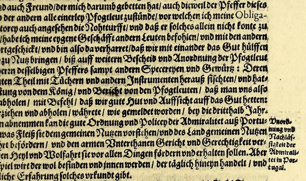 An illustration from Dritter Theil Indiae Orientalis, darinnen erstlich das ander Theil der Schifffahrten Johann Huygens von Lintschotten auss Holland, so er in Orient gethan, begriffen, vnd fürnemlich alle Gelegenheit derselbigen Landen, Insulen, Meerpforten, &c. so vnterwegen auffstossen, vnd dann in India fürkommen, wie auch alles, was der Author allda im Land, vnd nachmals auff seiner Widerreyse nach Holland gesehen vnd erfahren, eygendlich beschrieben wirt. : II. Der Holländer Schifffahrt in die Orientalische Insulen, Javan vnd Sumatra, sampt Sitten, Leben vnd Superstition, &c. der Völcker. III. Drey Schifffahrten der Holländer nach obermelten Indien, durch das Mittnächtige oder Eiss Meer, darinnen viel vnerhörte Abenthewr. Alles auffs trewlichst von neuwem auss den Niderländischen Exemplarien in Hochteutsch bracht, vnd in guter Disposition zusammen gefügt., 1616, leaf 69