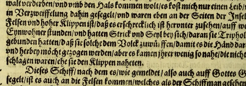 An illustration from Dritter Theil Indiae Orientalis, darinnen erstlich das ander Theil der Schifffahrten Johann Huygens von Lintschotten auss Holland, so er in Orient gethan, begriffen, vnd fürnemlich alle Gelegenheit derselbigen Landen, Insulen, Meerpforten, &c. so vnterwegen auffstossen, vnd dann in India fürkommen, wie auch alles, was der Author allda im Land, vnd nachmals auff seiner Widerreyse nach Holland gesehen vnd erfahren, eygendlich beschrieben wirt. : II. Der Holländer Schifffahrt in die Orientalische Insulen, Javan vnd Sumatra, sampt Sitten, Leben vnd Superstition, &c. der Völcker. III. Drey Schifffahrten der Holländer nach obermelten Indien, durch das Mittnächtige oder Eiss Meer, darinnen viel vnerhörte Abenthewr. Alles auffs trewlichst von neuwem auss den Niderländischen Exemplarien in Hochteutsch bracht, vnd in guter Disposition zusammen gefügt., 1616, leaf 96
