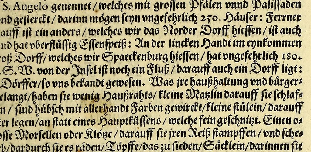 An illustration from Dritter Theil Indiae Orientalis, darinnen erstlich das ander Theil der Schifffahrten Joann Huygens von Lintschotten auss Hollandt, so er in Orient gethan, begriffen, vnd fürnemlich alle gelegenheit derselbigen Landen, Insulen, Meerpforten, &c. so vnterwegen auffstossen, vnd dann in India fürkommen, wie auch alles, was der Author allda im Landt, vnd nachmals auff seiner Widerreyse nach Hollandt gesehen vnd erfahren, eygentlich beschrieben wirdt. : II. Der Holländer Schifffahrt in die Orientalische Insulen, Iauan vnd Sumatra, sampt Sitten, Leben vnd Superstition, &c. der Völcker. III. Drey Schifffahrten der Holländer nach obermeldten Indien, durch das Mittnächtigsche oder Eissmeer, darinnen viel vnerhörte Ebentewer. Alles auffs trewlichst von neuwem auss den Niderländischen Exemplarien in Hochteutsch Bracht, vnd in guter Disposition zusammen gefügt. Sampt vielen schönen künstlichen Figurn, vnd Landtafeln, in Kupffer gestochen, vnd an Tag geben, durch Io. Theodor vnd. Io. Israel de Bry, Gebrüder, 1599, leaf 145