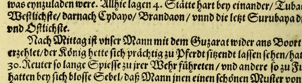 An illustration from Dritter Theil Indiae Orientalis, darinnen erstlich das ander Theil der Schifffahrten Joann Huygens von Lintschotten auss Hollandt, so er in Orient gethan, begriffen, vnd fürnemlich alle gelegenheit derselbigen Landen, Insulen, Meerpforten, &c. so vnterwegen auffstossen, vnd dann in India fürkommen, wie auch alles, was der Author allda im Landt, vnd nachmals auff seiner Widerreyse nach Hollandt gesehen vnd erfahren, eygentlich beschrieben wirdt. : II. Der Holländer Schifffahrt in die Orientalische Insulen, Iauan vnd Sumatra, sampt Sitten, Leben vnd Superstition, &c. der Völcker. III. Drey Schifffahrten der Holländer nach obermeldten Indien, durch das Mittnächtigsche oder Eissmeer, darinnen viel vnerhörte Ebentewer. Alles auffs trewlichst von neuwem auss den Niderländischen Exemplarien in Hochteutsch Bracht, vnd in guter Disposition zusammen gefügt. Sampt vielen schönen künstlichen Figurn, vnd Landtafeln, in Kupffer gestochen, vnd an Tag geben, durch Io. Theodor vnd. Io. Israel de Bry, Gebrüder, 1599, leaf 188