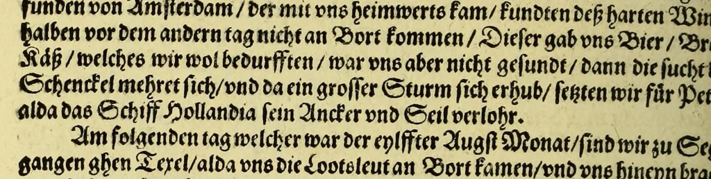 An illustration from Dritter Theil Indiae Orientalis, darinnen erstlich das ander Theil der Schifffahrten Joann Huygens von Lintschotten auss Hollandt, so er in Orient gethan, begriffen, vnd fürnemlich alle gelegenheit derselbigen Landen, Insulen, Meerpforten, &c. so vnterwegen auffstossen, vnd dann in India fürkommen, wie auch alles, was der Author allda im Landt, vnd nachmals auff seiner Widerreyse nach Hollandt gesehen vnd erfahren, eygentlich beschrieben wirdt. : II. Der Holländer Schifffahrt in die Orientalische Insulen, Iauan vnd Sumatra, sampt Sitten, Leben vnd Superstition, &c. der Völcker. III. Drey Schifffahrten der Holländer nach obermeldten Indien, durch das Mittnächtigsche oder Eissmeer, darinnen viel vnerhörte Ebentewer. Alles auffs trewlichst von neuwem auss den Niderländischen Exemplarien in Hochteutsch Bracht, vnd in guter Disposition zusammen gefügt. Sampt vielen schönen künstlichen Figurn, vnd Landtafeln, in Kupffer gestochen, vnd an Tag geben, durch Io. Theodor vnd. Io. Israel de Bry, Gebrüder, 1599, leaf 204