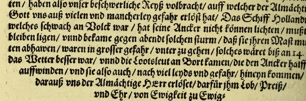 An illustration from Dritter Theil Indiae Orientalis, darinnen erstlich das ander Theil der Schifffahrten Joann Huygens von Lintschotten auss Hollandt, so er in Orient gethan, begriffen, vnd fürnemlich alle gelegenheit derselbigen Landen, Insulen, Meerpforten, &c. so vnterwegen auffstossen, vnd dann in India fürkommen, wie auch alles, was der Author allda im Landt, vnd nachmals auff seiner Widerreyse nach Hollandt gesehen vnd erfahren, eygentlich beschrieben wirdt. : II. Der Holländer Schifffahrt in die Orientalische Insulen, Iauan vnd Sumatra, sampt Sitten, Leben vnd Superstition, &c. der Völcker. III. Drey Schifffahrten der Holländer nach obermeldten Indien, durch das Mittnächtigsche oder Eissmeer, darinnen viel vnerhörte Ebentewer. Alles auffs trewlichst von neuwem auss den Niderländischen Exemplarien in Hochteutsch Bracht, vnd in guter Disposition zusammen gefügt. Sampt vielen schönen künstlichen Figurn, vnd Landtafeln, in Kupffer gestochen, vnd an Tag geben, durch Io. Theodor vnd. Io. Israel de Bry, Gebrüder, 1599, leaf 204