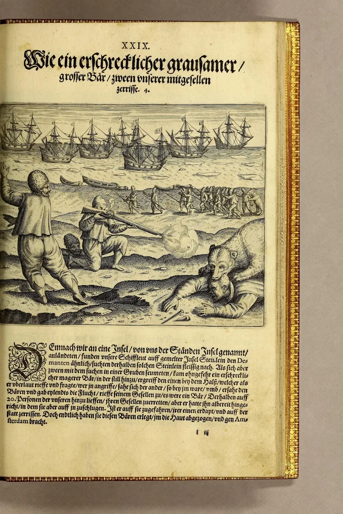 An illustration from Dritter Theil Indiae Orientalis, darinnen erstlich das ander Theil der Schifffahrten Joann Huygens von Lintschotten auss Hollandt, so er in Orient gethan, begriffen, vnd fürnemlich alle gelegenheit derselbigen Landen, Insulen, Meerpforten, &c. so vnterwegen auffstossen, vnd dann in India fürkommen, wie auch alles, was der Author allda im Landt, vnd nachmals auff seiner Widerreyse nach Hollandt gesehen vnd erfahren, eygentlich beschrieben wirdt. : II. Der Holländer Schifffahrt in die Orientalische Insulen, Iauan vnd Sumatra, sampt Sitten, Leben vnd Superstition, &c. der Völcker. III. Drey Schifffahrten der Holländer nach obermeldten Indien, durch das Mittnächtigsche oder Eissmeer, darinnen viel vnerhörte Ebentewer. Alles auffs trewlichst von neuwem auss den Niderländischen Exemplarien in Hochteutsch Bracht, vnd in guter Disposition zusammen gefügt. Sampt vielen schönen künstlichen Figurn, vnd Landtafeln, in Kupffer gestochen, vnd an Tag geben, durch Io. Theodor vnd. Io. Israel de Bry, Gebrüder, 1599, leaf 349