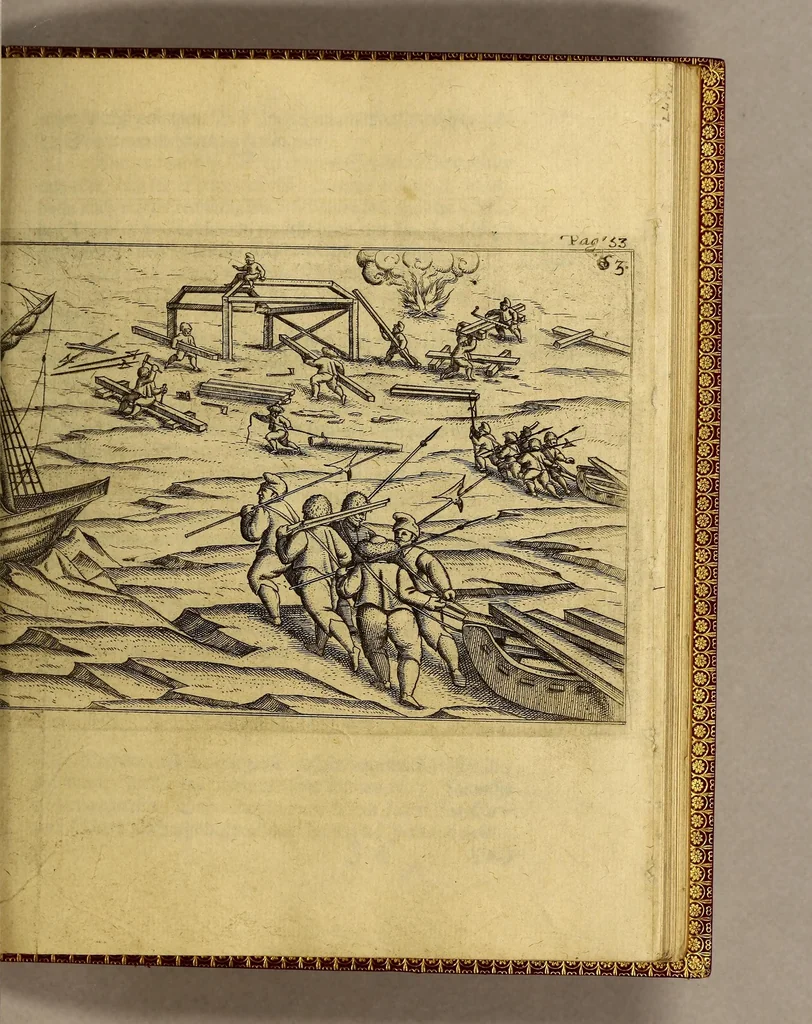 An illustration from Dritte Theil, Warhafftige Relation[.] Der dreyen newen vnerhörten, seltzamen Schifffahrt, so die holländische vnd seeländische Schiff gegen Mitternacht, drey Jahr nach einander, als Anno 1594. 1595. vnd 1596. verricht. : Wie sie Nordwegen, Lappiam, Biarmiam, vnd Russiam, oder Moscoviam (vorhabens ins Königreich Cathay vnd China zu kommen) vmbgesegelt haben. Auch wie sie das Fretum Nassoviae, Waygats, Novam Semblam, vnd das Landt vnter dem 8o. Gradu Latitud. so man vermeint das Gronland sey, gefunden: vnd was für gefahr, der erschrecklichen Bärn, Meerwunder, vnd dem Eyss, sie aussgestanden., 1612, leaf 103