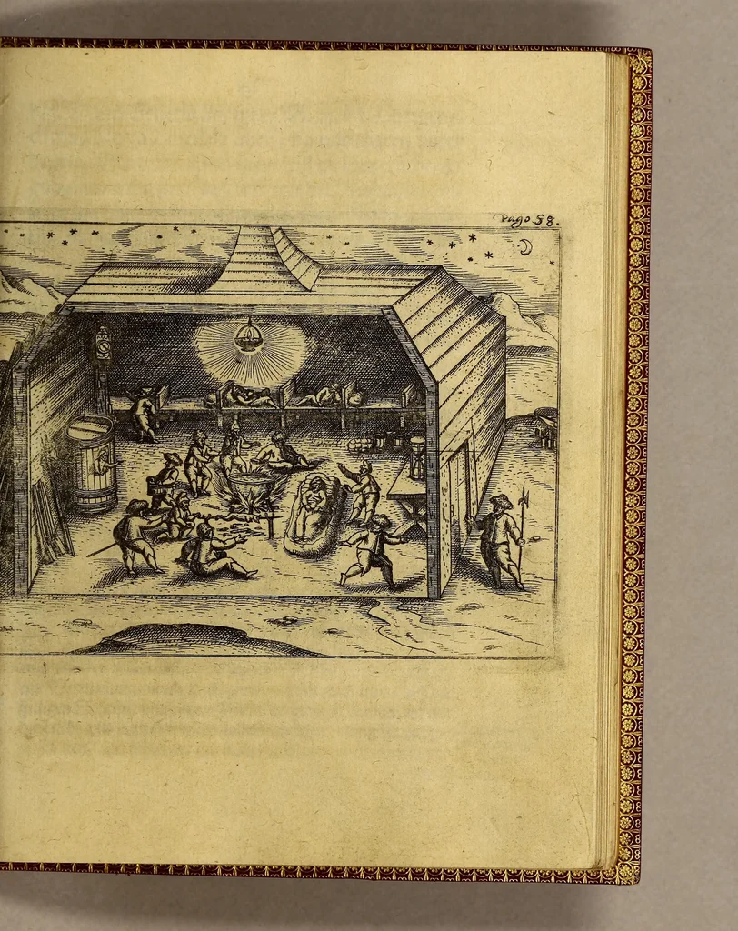 An illustration from Dritte Theil, Warhafftige Relation[.] Der dreyen newen vnerhörten, seltzamen Schifffahrt, so die holländische vnd seeländische Schiff gegen Mitternacht, drey Jahr nach einander, als Anno 1594. 1595. vnd 1596. verricht. : Wie sie Nordwegen, Lappiam, Biarmiam, vnd Russiam, oder Moscoviam (vorhabens ins Königreich Cathay vnd China zu kommen) vmbgesegelt haben. Auch wie sie das Fretum Nassoviae, Waygats, Novam Semblam, vnd das Landt vnter dem 8o. Gradu Latitud. so man vermeint das Gronland sey, gefunden: vnd was für gefahr, der erschrecklichen Bärn, Meerwunder, vnd dem Eyss, sie aussgestanden., 1612, leaf 113