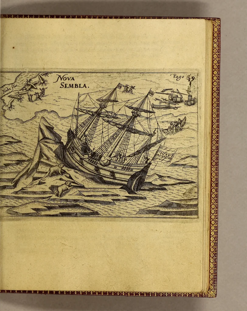 An illustration from Dritte Theil, Warhafftige Relation[.] Der dreyen newen vnerhörten, seltzamen Schifffahrt, so die holländische vnd seeländische Schiff gegen Mitternacht, drey Jahr nach einander, als Anno 1594. 1595. vnd 1596. verricht. : Wie sie Nordwegen, Lappiam, Biarmiam, vnd Russiam, oder Moscoviam (vorhabens ins Königreich Cathay vnd China zu kommen) vmbgesegelt haben. Auch wie sie das Fretum Nassoviae, Waygats, Novam Semblam, vnd das Landt vnter dem 8o. Gradu Latitud. so man vermeint das Gronland sey, gefunden: vnd was für gefahr, der erschrecklichen Bärn, Meerwunder, vnd dem Eyss, sie aussgestanden., 1612, leaf 127