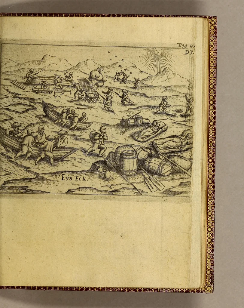 An illustration from Dritte Theil, Warhafftige Relation[.] Der dreyen newen vnerhörten, seltzamen Schifffahrt, so die holländische vnd seeländische Schiff gegen Mitternacht, drey Jahr nach einander, als Anno 1594. 1595. vnd 1596. verricht. : Wie sie Nordwegen, Lappiam, Biarmiam, vnd Russiam, oder Moscoviam (vorhabens ins Königreich Cathay vnd China zu kommen) vmbgesegelt haben. Auch wie sie das Fretum Nassoviae, Waygats, Novam Semblam, vnd das Landt vnter dem 8o. Gradu Latitud. so man vermeint das Gronland sey, gefunden: vnd was für gefahr, der erschrecklichen Bärn, Meerwunder, vnd dem Eyss, sie aussgestanden., 1612, leaf 139