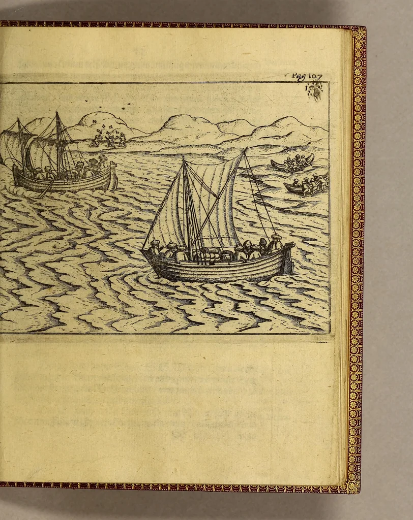 An illustration from Dritte Theil, Warhafftige Relation[.] Der dreyen newen vnerhörten, seltzamen Schifffahrt, so die holländische vnd seeländische Schiff gegen Mitternacht, drey Jahr nach einander, als Anno 1594. 1595. vnd 1596. verricht. : Wie sie Nordwegen, Lappiam, Biarmiam, vnd Russiam, oder Moscoviam (vorhabens ins Königreich Cathay vnd China zu kommen) vmbgesegelt haben. Auch wie sie das Fretum Nassoviae, Waygats, Novam Semblam, vnd das Landt vnter dem 8o. Gradu Latitud. so man vermeint das Gronland sey, gefunden: vnd was für gefahr, der erschrecklichen Bärn, Meerwunder, vnd dem Eyss, sie aussgestanden., 1612, leaf 141