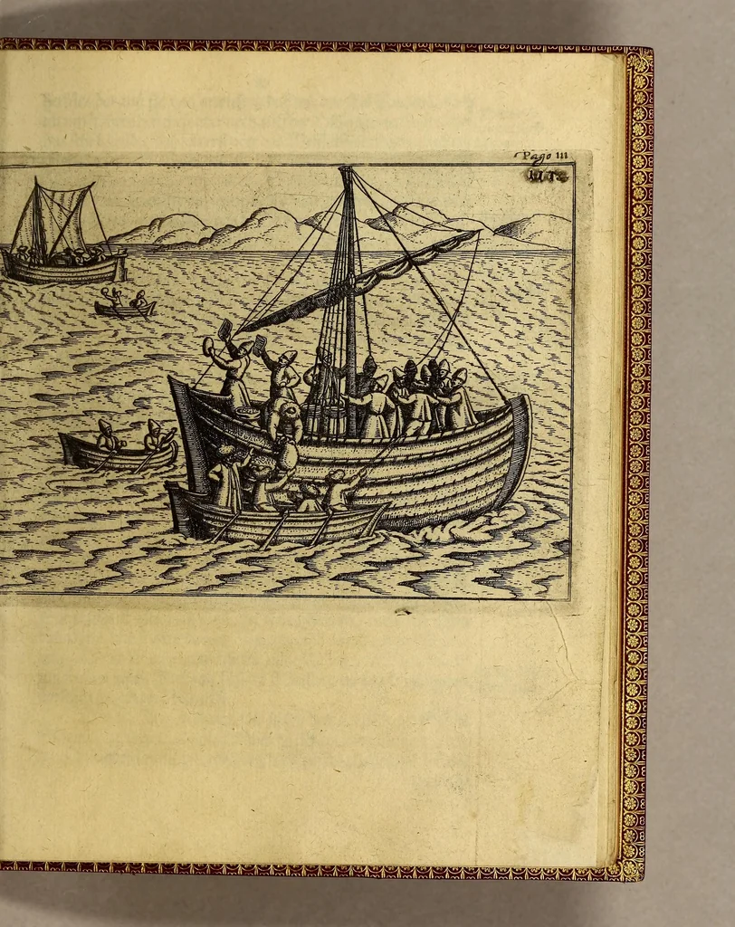 An illustration from Dritte Theil, Warhafftige Relation[.] Der dreyen newen vnerhörten, seltzamen Schifffahrt, so die holländische vnd seeländische Schiff gegen Mitternacht, drey Jahr nach einander, als Anno 1594. 1595. vnd 1596. verricht. : Wie sie Nordwegen, Lappiam, Biarmiam, vnd Russiam, oder Moscoviam (vorhabens ins Königreich Cathay vnd China zu kommen) vmbgesegelt haben. Auch wie sie das Fretum Nassoviae, Waygats, Novam Semblam, vnd das Landt vnter dem 8o. Gradu Latitud. so man vermeint das Gronland sey, gefunden: vnd was für gefahr, der erschrecklichen Bärn, Meerwunder, vnd dem Eyss, sie aussgestanden., 1612, leaf 159