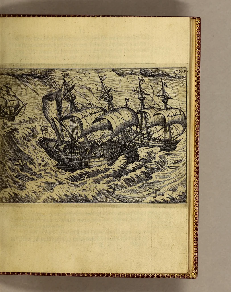 An illustration from Dritte Theil, Warhafftige Relation[.] Der dreyen newen vnerhörten, seltzamen Schifffahrt, so die holländische vnd seeländische Schiff gegen Mitternacht, drey Jahr nach einander, als Anno 1594. 1595. vnd 1596. verricht. : Wie sie Nordwegen, Lappiam, Biarmiam, vnd Russiam, oder Moscoviam (vorhabens ins Königreich Cathay vnd China zu kommen) vmbgesegelt haben. Auch wie sie das Fretum Nassoviae, Waygats, Novam Semblam, vnd das Landt vnter dem 8o. Gradu Latitud. so man vermeint das Gronland sey, gefunden: vnd was für gefahr, der erschrecklichen Bärn, Meerwunder, vnd dem Eyss, sie aussgestanden., 1612, leaf 49