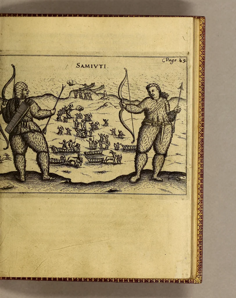 An illustration from Dritte Theil, Warhafftige Relation[.] Der dreyen newen vnerhörten, seltzamen Schifffahrt, so die holländische vnd seeländische Schiff gegen Mitternacht, drey Jahr nach einander, als Anno 1594. 1595. vnd 1596. verricht. : Wie sie Nordwegen, Lappiam, Biarmiam, vnd Russiam, oder Moscoviam (vorhabens ins Königreich Cathay vnd China zu kommen) vmbgesegelt haben. Auch wie sie das Fretum Nassoviae, Waygats, Novam Semblam, vnd das Landt vnter dem 8o. Gradu Latitud. so man vermeint das Gronland sey, gefunden: vnd was für gefahr, der erschrecklichen Bärn, Meerwunder, vnd dem Eyss, sie aussgestanden., 1612, leaf 63